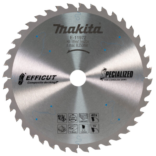 Circular Saw Blade, Efficut T.C.T, 185 x 20mm, 40T, Composite decking | E-11972